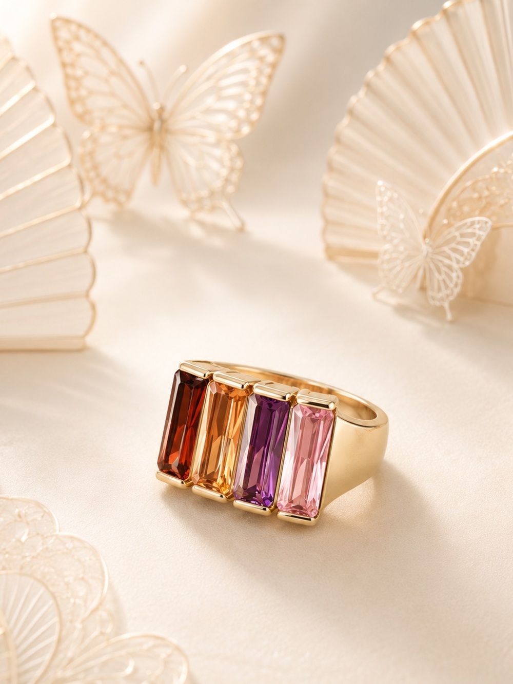 🆕😍 CZ Mixed Gemstone Gold Bar Ring - Multicolor Pink Purple Amber
